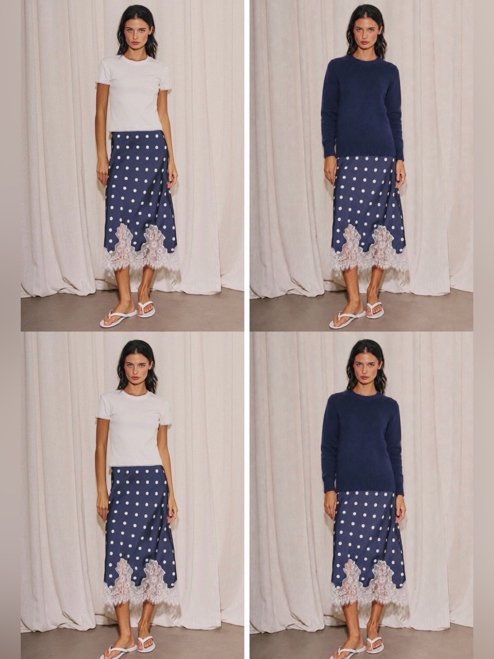 Navy white Polka Dot Satin Lace Edge Skirt